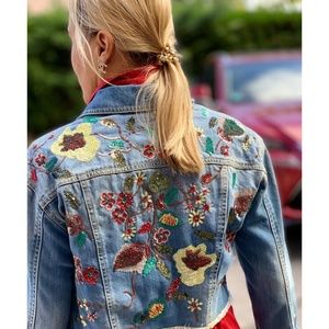 NWT, Zara, Floral Sequin Embroidered Denim Jacket